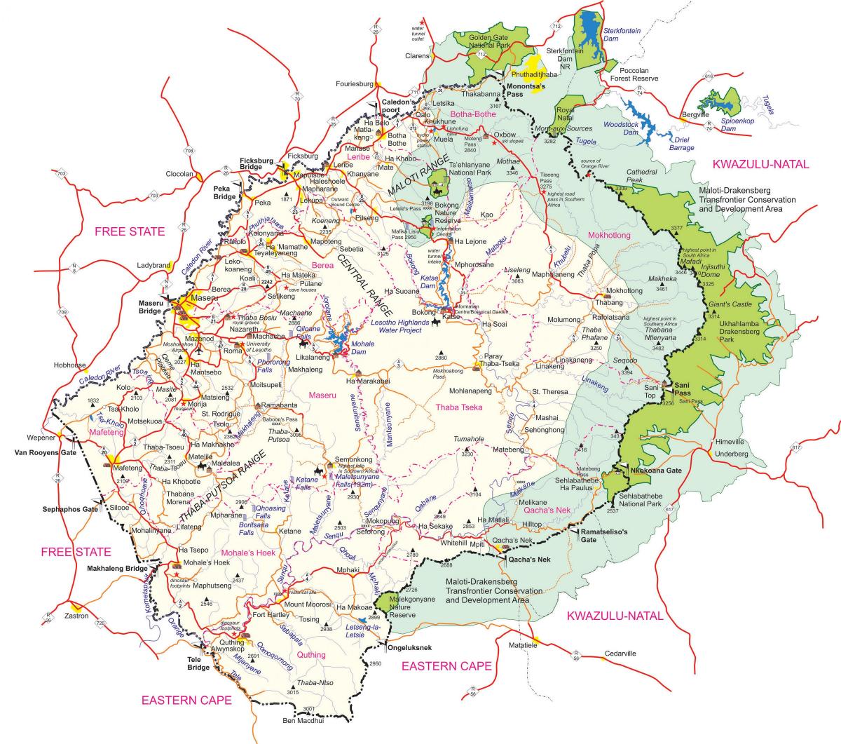 kaart üksikasjalik kaart Lesotho