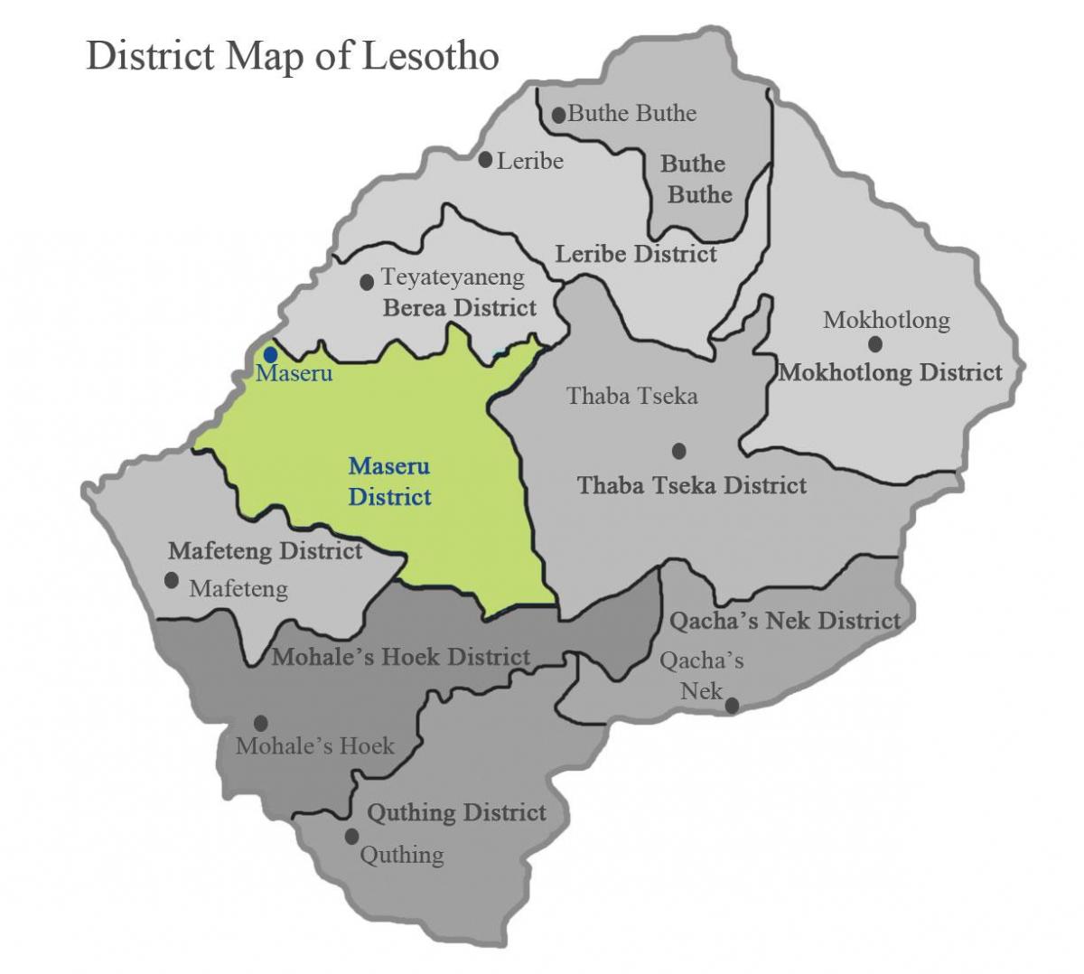 kaart Lesotho, mis näitab linnaosades